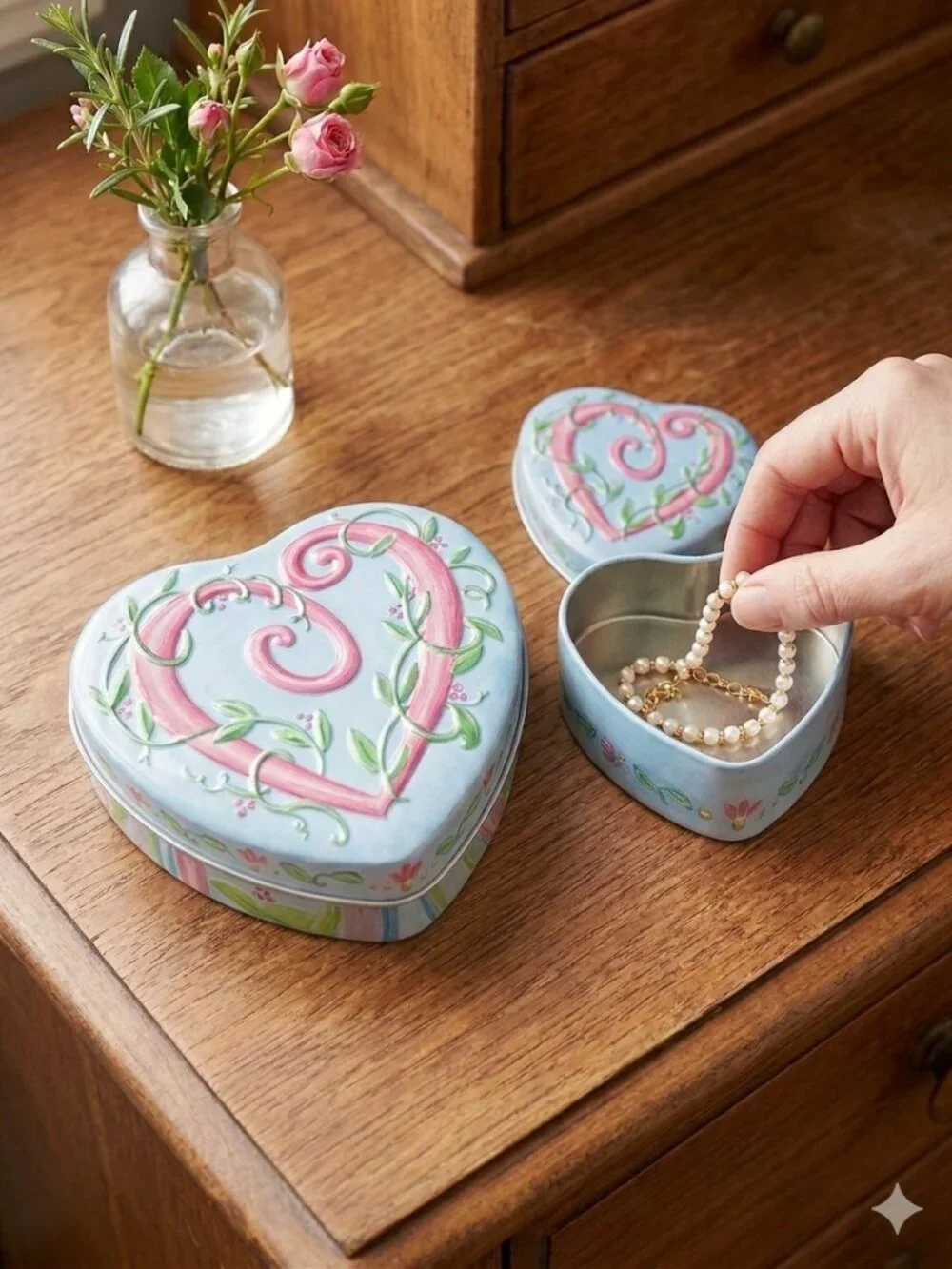 Brighton Heart Shaped Metal Tins Set Nested Keepsake Storage Pink Vines Embossed